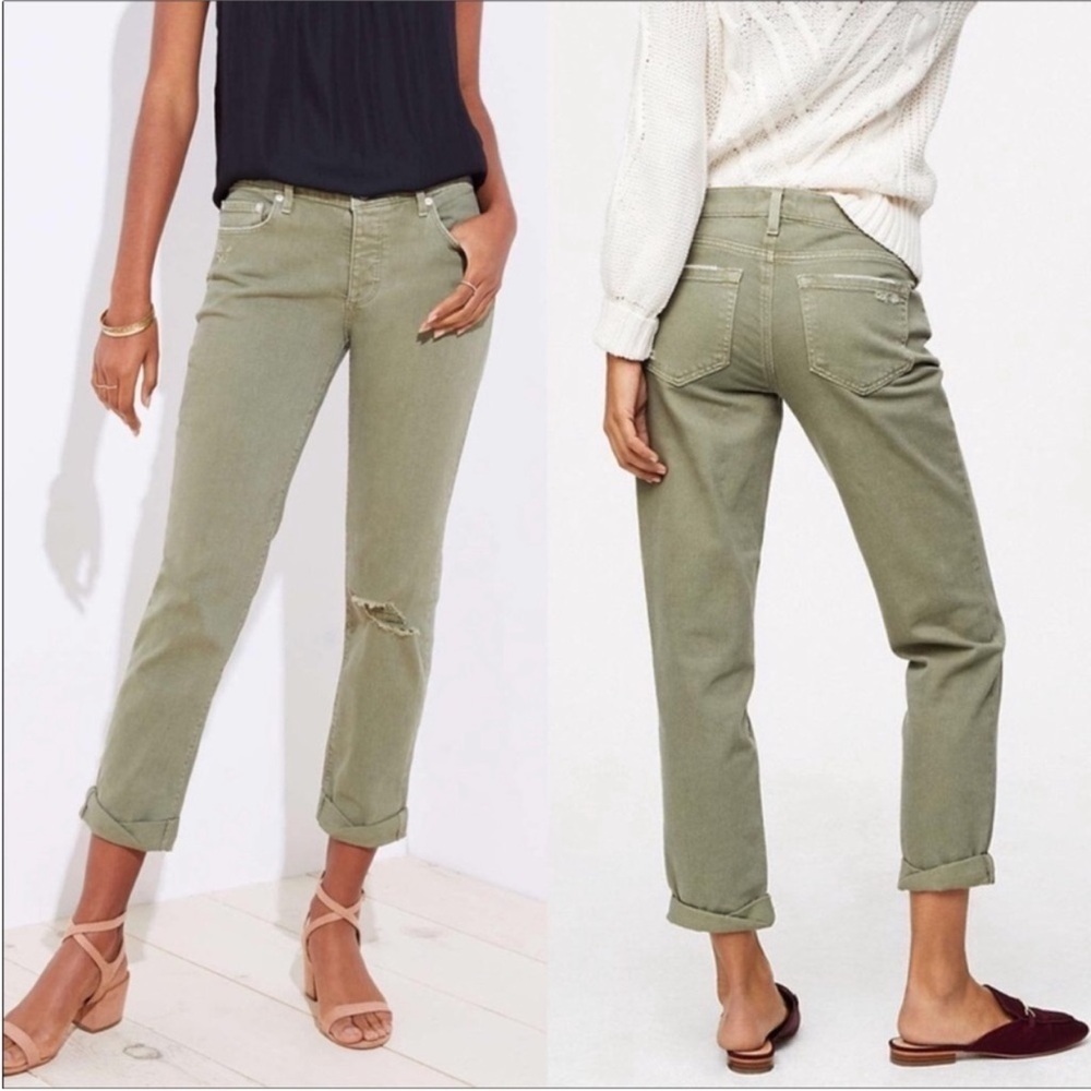 Loft Olive Distressed Button Fly Boyfriend Jean